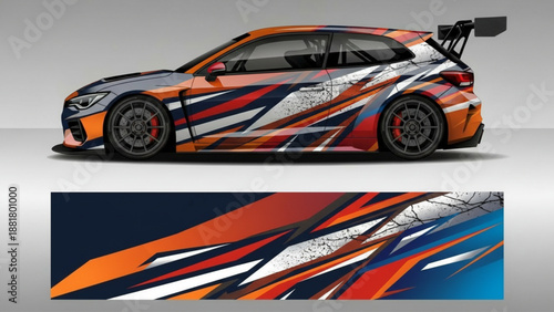 A dynamic racing car with a custom abstract graphic wrap in orange, blue, red, and white, showcasing a modern vehicle livery design.