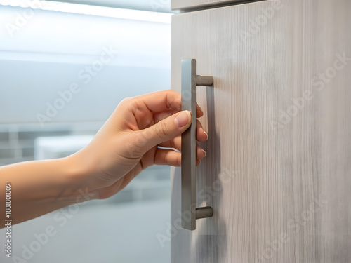 A person's hand reaching for a modern cabinet handle in a brightly lit kitchen or home setting