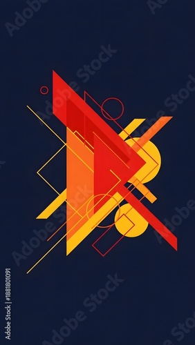 Abstract Constructivist Style Geometric Composition with Overlapping Red and Orange Triangles and Circles on Dark Background
