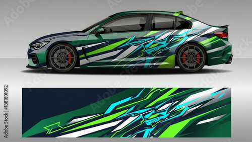 Green sports car with a dynamic abstract geometric graphic vinyl wrap design, showcasing modern automotive customization and style.