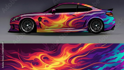 A sleek sports car featuring a vibrant, abstract flame-patterned graphic wrap, with the full design displayed below.