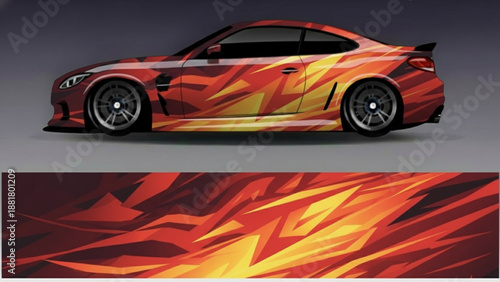 Sports car with dynamic fiery abstract graphic wrap design and full pattern display.