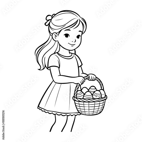Dibujo sencillo de una niña de pie sosteniendo en la mano una cesta llena de huevos de pascua, buscando dulces