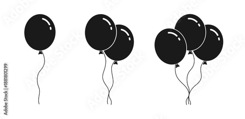 Black balloons graphic icons set. Balloons signs isolated on white background. Vector illustration