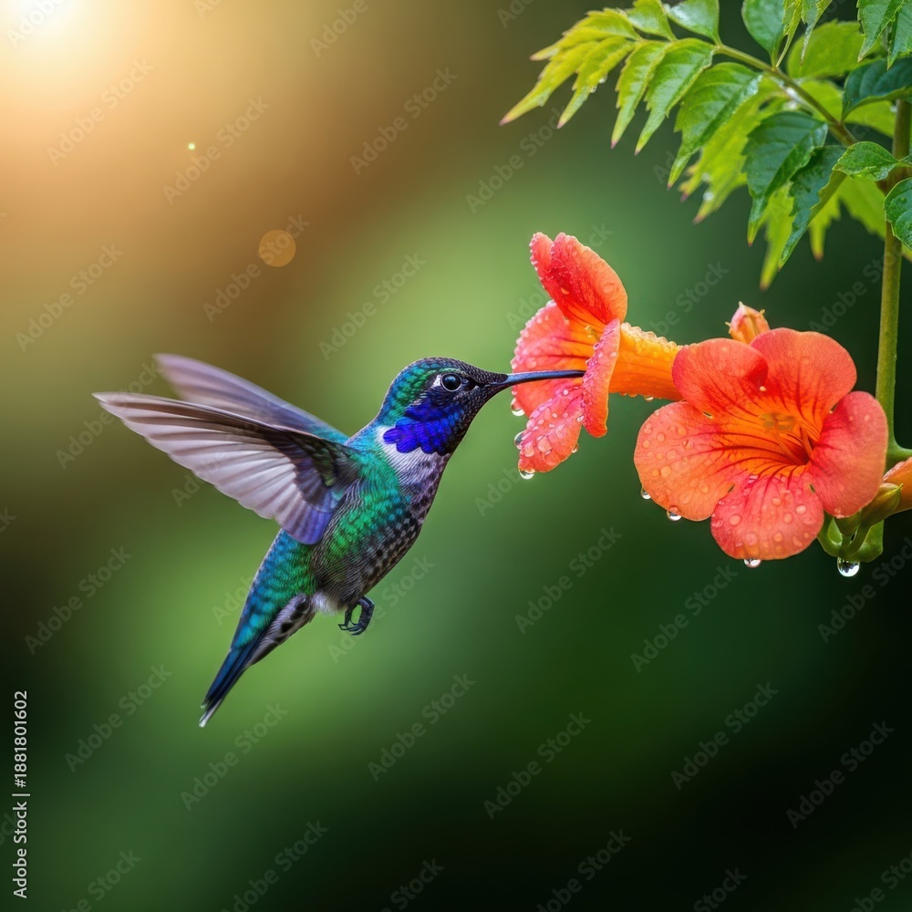 Fototapeta premium Hummingbird sips nectar from vibrant orange flower in lush green garden with sunlight