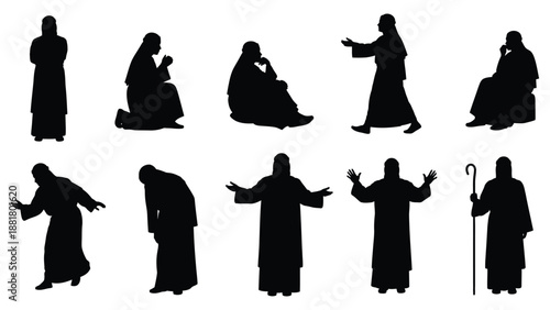 silhouettes depicting various religious figures in traditional robes and poses a simple vector illustration