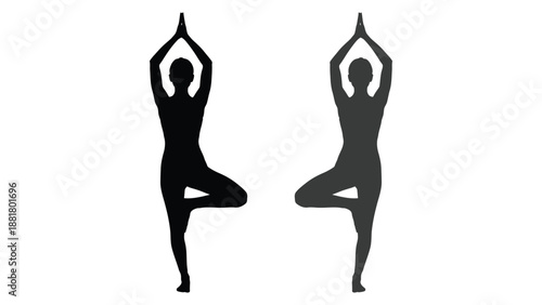 two silhouettes of a woman performing a yoga pose likely tree pose against a white background