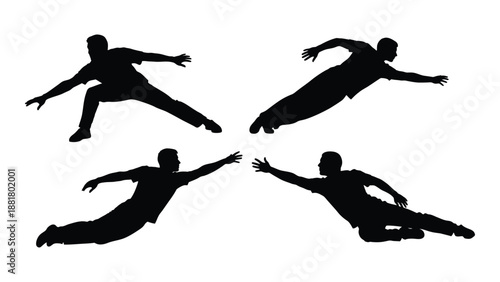 silhouette illustration depicts a person performing dynamic parkour movements in various jumping poses