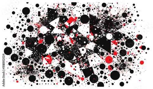 Abstract composition featuring scattered circles, triangles, and red splatters. Black, white, and red elements create a dynamic, modern graphic suitable for design projects