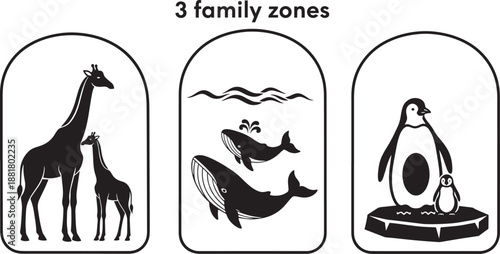 Animal family groups of giraffe whale and penguin icons for habitat zones display