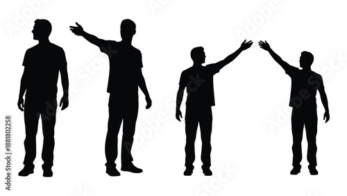 silhouette figures of four men in various poses arms raised and outstretched showing different gestures