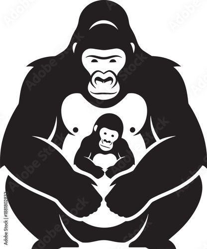 Gorilla mother holding baby primate in protective embrace black and white stencil artwork