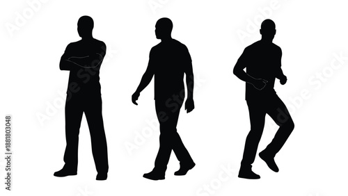 three silhouettes of people standing walking and gesturing in a simple black design