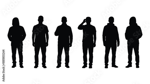 silhouette figures of people standing in a row one saluting against a white background