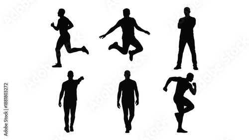 silhouette figures depicting people in various active poses including running jumping and standing