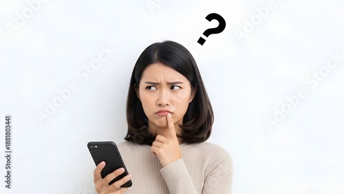 Confused Asian Woman Holding Smartphone with Question Mark Thinking About Digital Choice