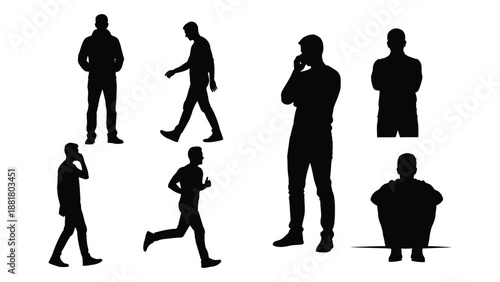 silhouettes depicting various human figures and actions including walking running and talking on phones