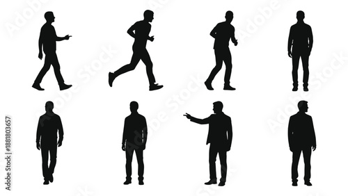 silhouette figures depicting various poses including running standing and gesturing on a white background
