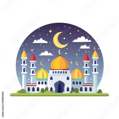 Fairy tale castle on a hill at night featuring a medieval fantasy palace silhouette and princess fortress tower in a cartoon vector illustration of old architecture under the sky
