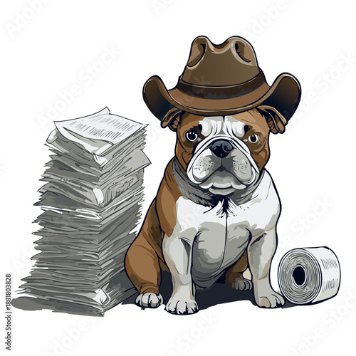 a rough charcoal sketch of a cute english bull dog wearing a cowboy hat sitting next to a stack of magazines 