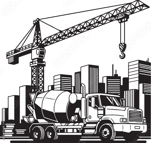 Black and White Concrete Mixer Truck and Crane with City Buildings Vector Illustration