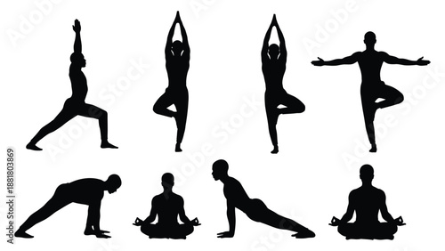 silhouette figures demonstrate various yoga poses including tree pose warrior and seated meditation postures
