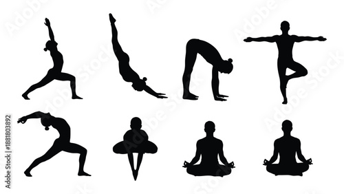 a silhouette collection showcasing various yoga poses including warrior downward dog and meditative positions