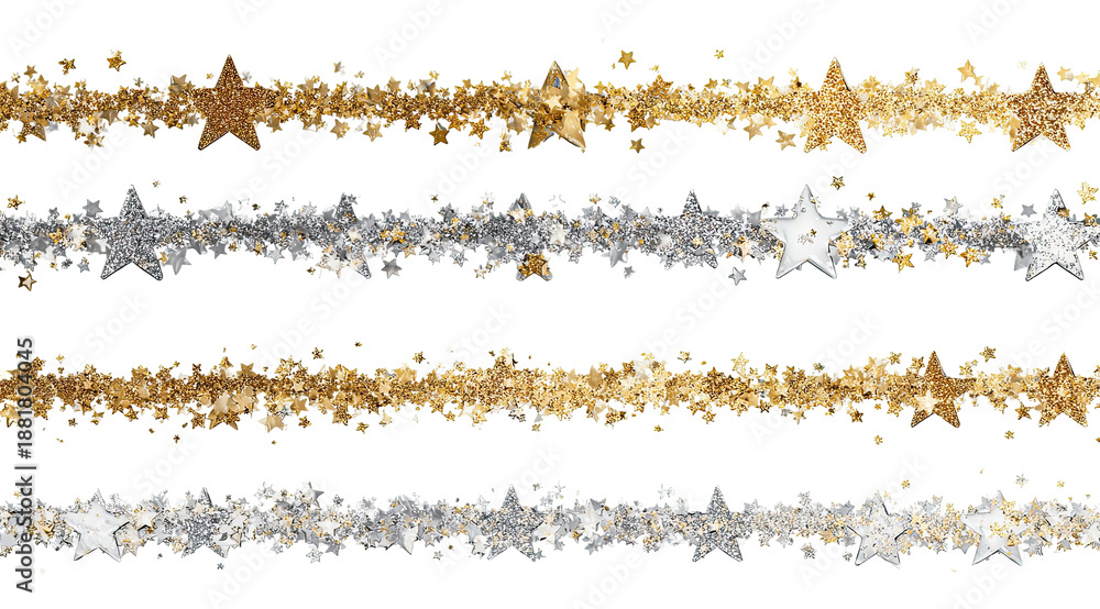 Fototapeta premium Sparkling metallic star garlands on black background. Celebration, holidays, decoration concept