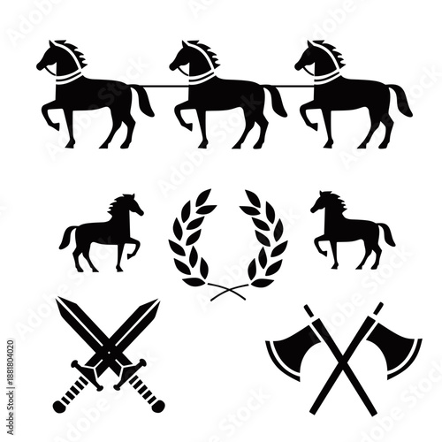 Horse and Chariot Icon with Ancient Symbol Collection Set