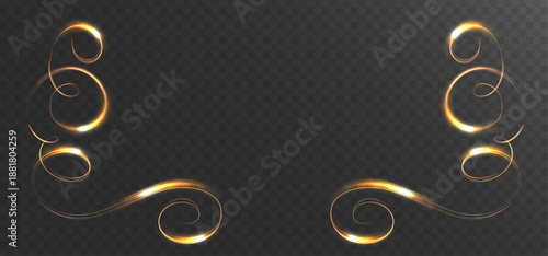 Elegant golden light swirls forming a decorative frame with glowing curls and smooth luminous trails on transparent background.
