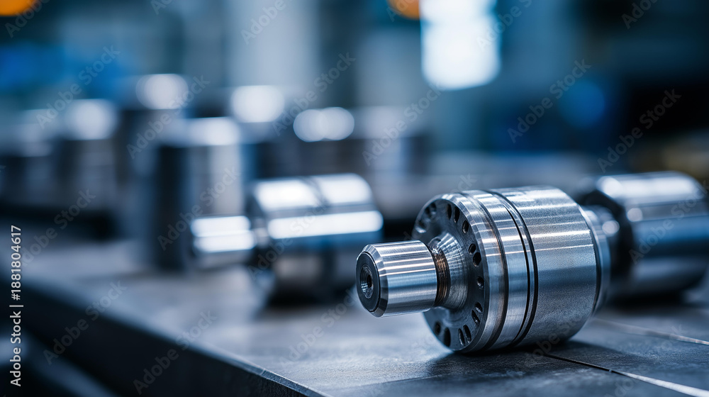 Fototapeta premium Detailed close-up of metallic circular components with industrial parts in focus, defocused background of similar parts, with copy space