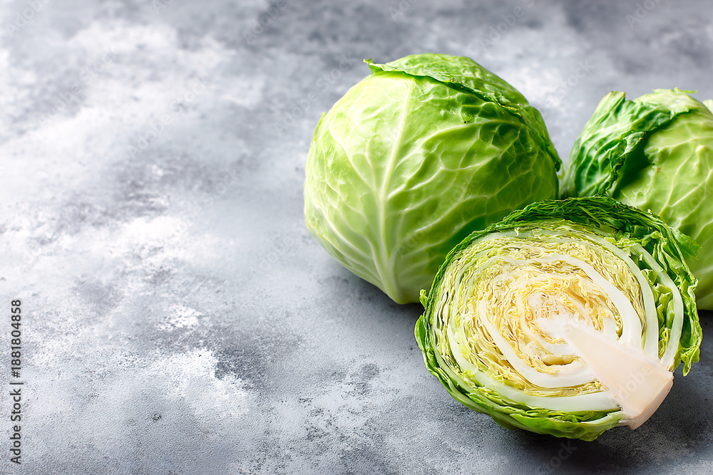 Obraz premium Fresh green cabbage with a halved piece on a textured surface Generative AI