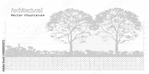 a grayscale vector illustration depicting trees and architectural elements in a landscape