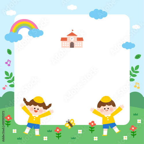 유치원 입학 등교하는 귀여운 어린이 캐릭터 프레임 배경 일러스트 (학교, 무지개, 꽃)