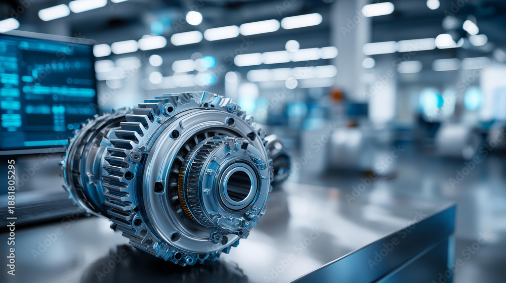 Fototapeta premium Modern engine design in clean laboratory setting, contemporary mechanical visualization, sterile research environment, with copy space