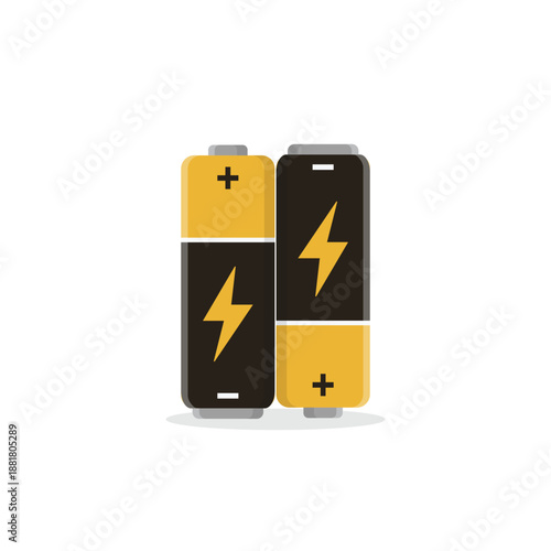 Illustration of a yellow AA battery symbol representing energy and power as a metallic technology element on a white background