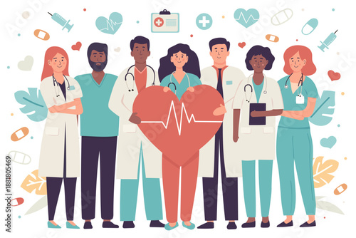 Flat vector illustration of a diverse medical team holding a heart with heartbeat line. Healthcare concept for hospitals, clinics, medical apps, insurance and telemedicine services