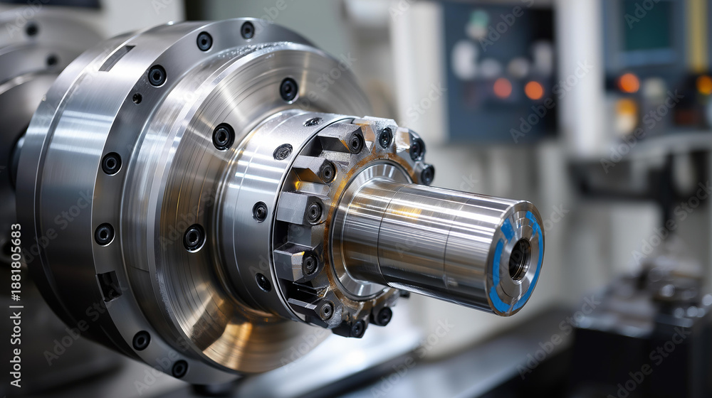 Fototapeta premium Industrial CNC machine processing metal in factory setting, automated machining operation, precision manufacturing equipment, with copy space