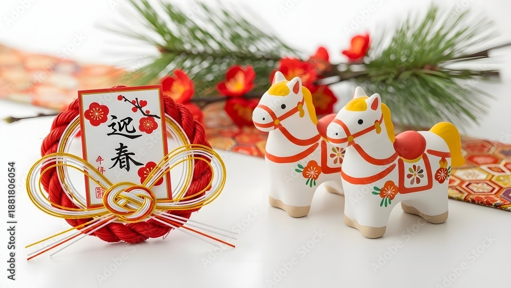 Obraz premium Traditional Japanese New Year Decorations with Horse Figurines and Shimenawa Wreath for Good Luck