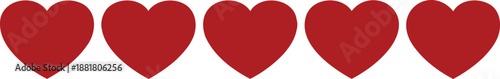 Set of Five Simple Red Heart Icons Isolated on White Background for Gaming Health Bar or Social Media Like Status Concept