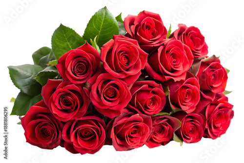 Red roses bouquet with green leaves on black background