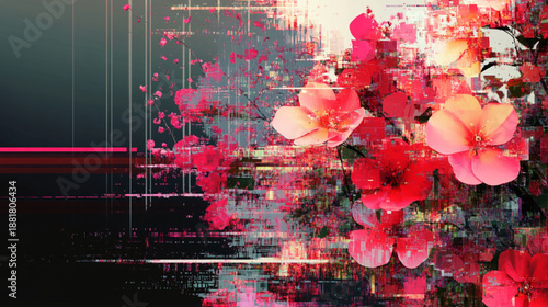 A modern, glitch-art inspired abstract where red flowers are deconstructed into digital fragments. Dark background.