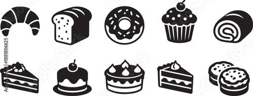 Various baked goods icons including bread croissant cake donut and sweet pastries