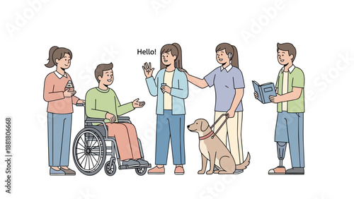 Diverse group of people with disabilities interacting and greeting each other with a service dog