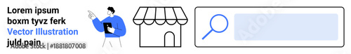 E-commerce, online shopping, digital marketing, SEO, storefronts, search engines. A man pointing, a storefront icon and a search bar. E-commerce and online shopping conceptual design