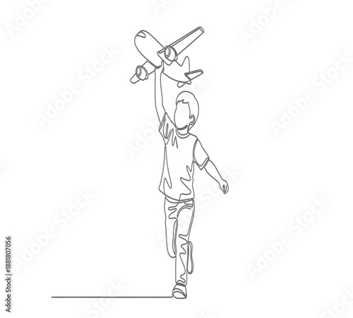 A child joyfully running and launching a paper airplane with outstretched arms