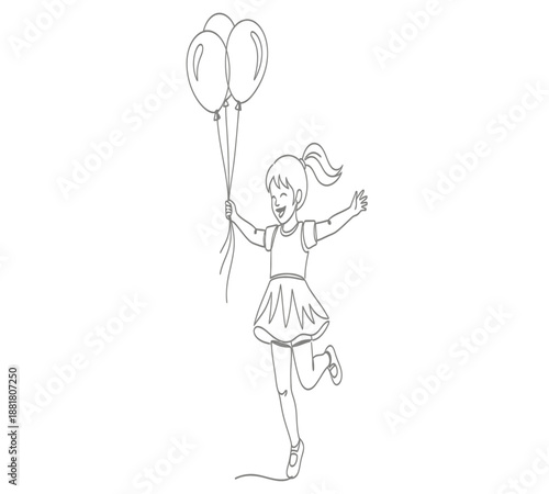 A joyful girl leaps with excitement clutching a bunch of floating balloons above her head