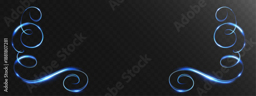 Symmetrical blue glowing light frame with smooth swirling lines forming an elegant decorative border on a transparent background.