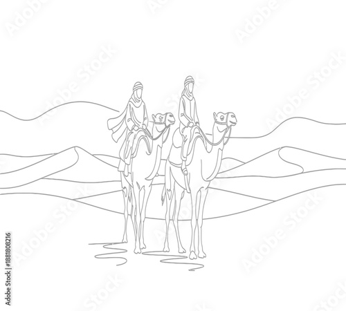 A minimalist line drawing depicts three camels and riders traversing a desert landscape