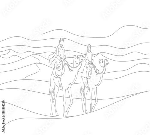 A simple line drawing depicts two people riding camels across a wavy desert landscape